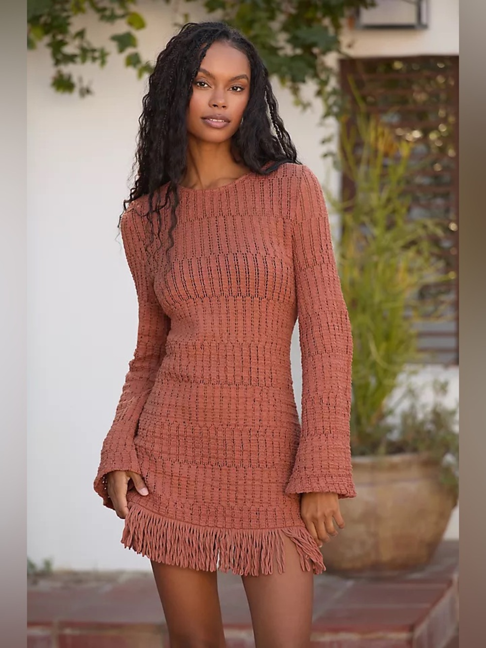 NWT By Anthropologie Cocoa Orange Brown Long-Sleeve Knit Mini Dress Womens Large